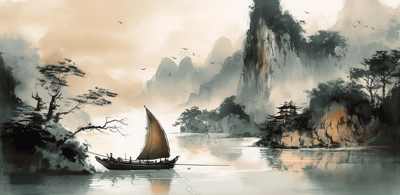 橙色船帆停靠在岸水墨山水画中国风背景,插画/手绘图,插画/手绘图库,插画/手绘图下载,插画/手绘
